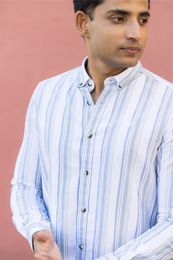 Pastel Blue Vertical Stripe Oxford Slim Fit Shirt