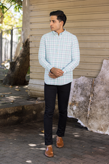 Ice Blue Slim Fit Textured Cotton Check Shirt