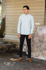 Ice Blue Slim Fit Textured Cotton Check Shirt