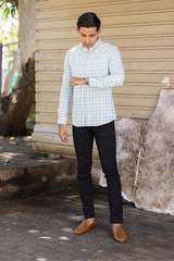 Ice Blue Slim Fit Textured Cotton Check Shirt