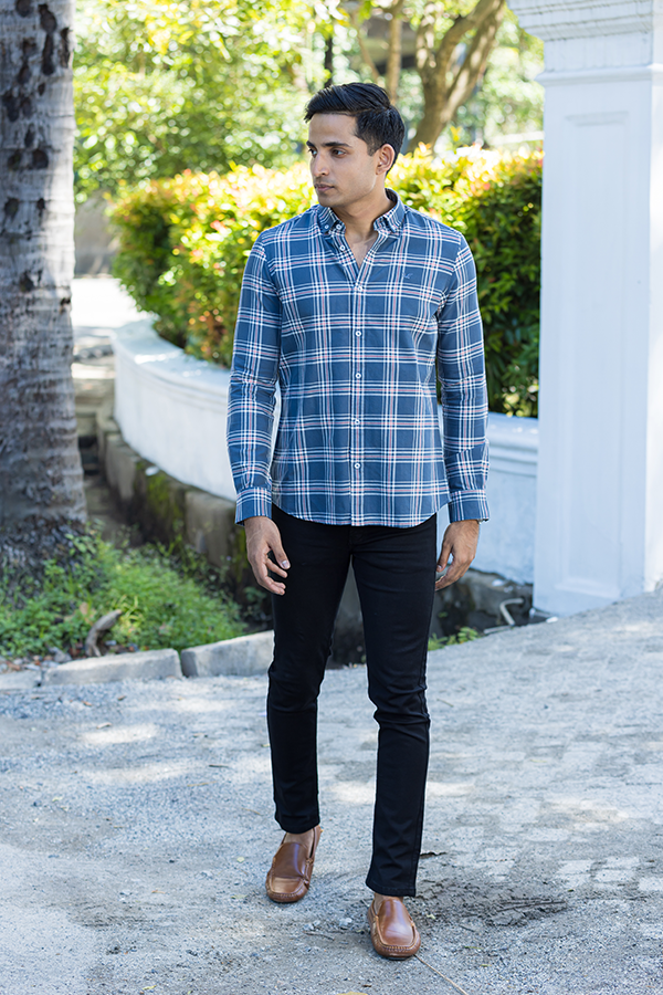 Navy Blue Cotton Check Shirt