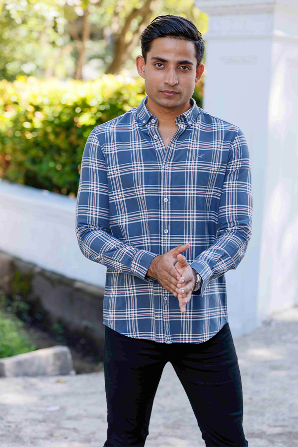 Navy Blue Cotton Check Shirt