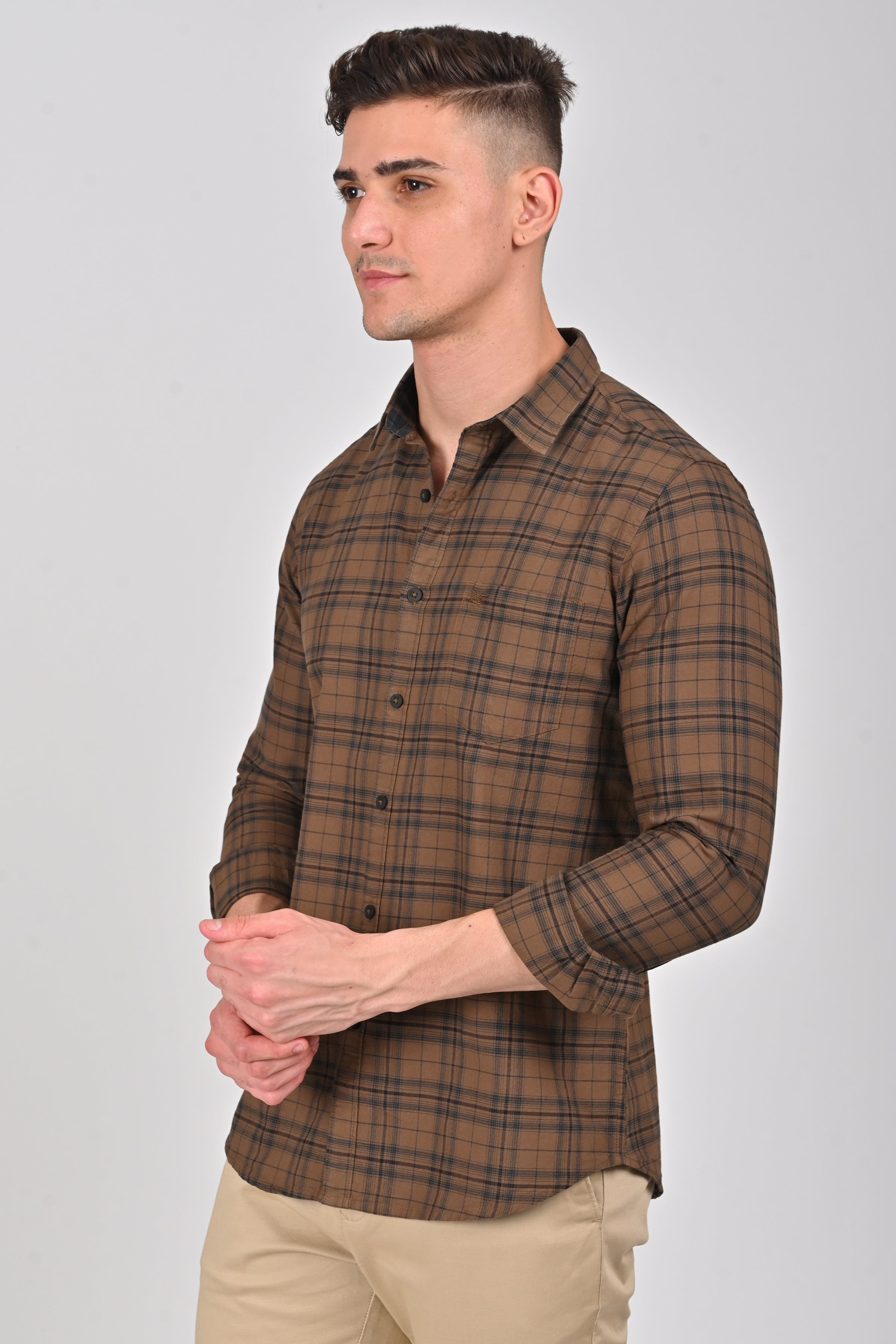 Dark Brown Premium Cotton Check Shirt | Pine Green Premium Cotton Checks Shirt