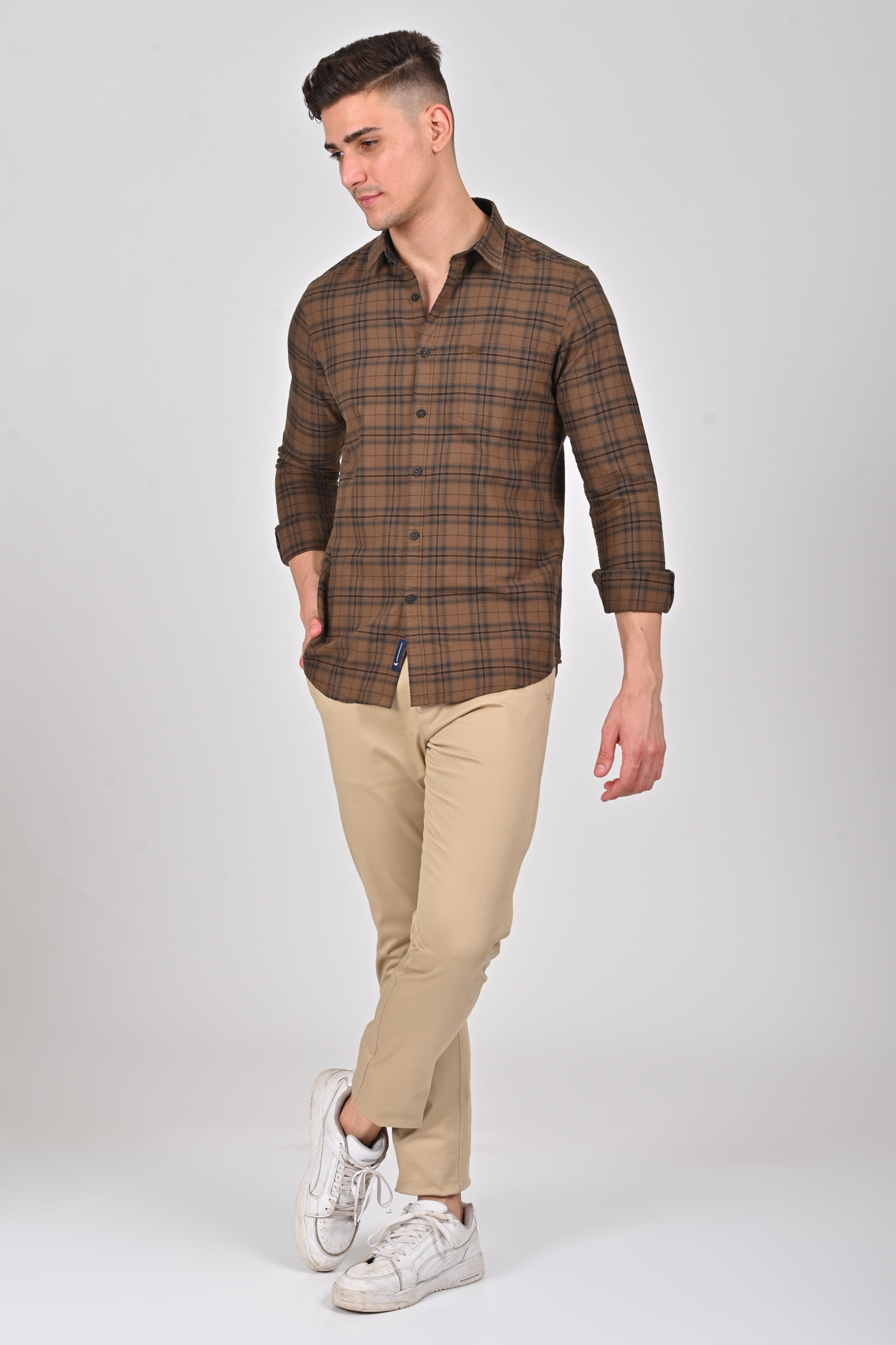 Dark Brown Premium Cotton Check Shirt | Pine Green Premium Cotton Checks Shirt