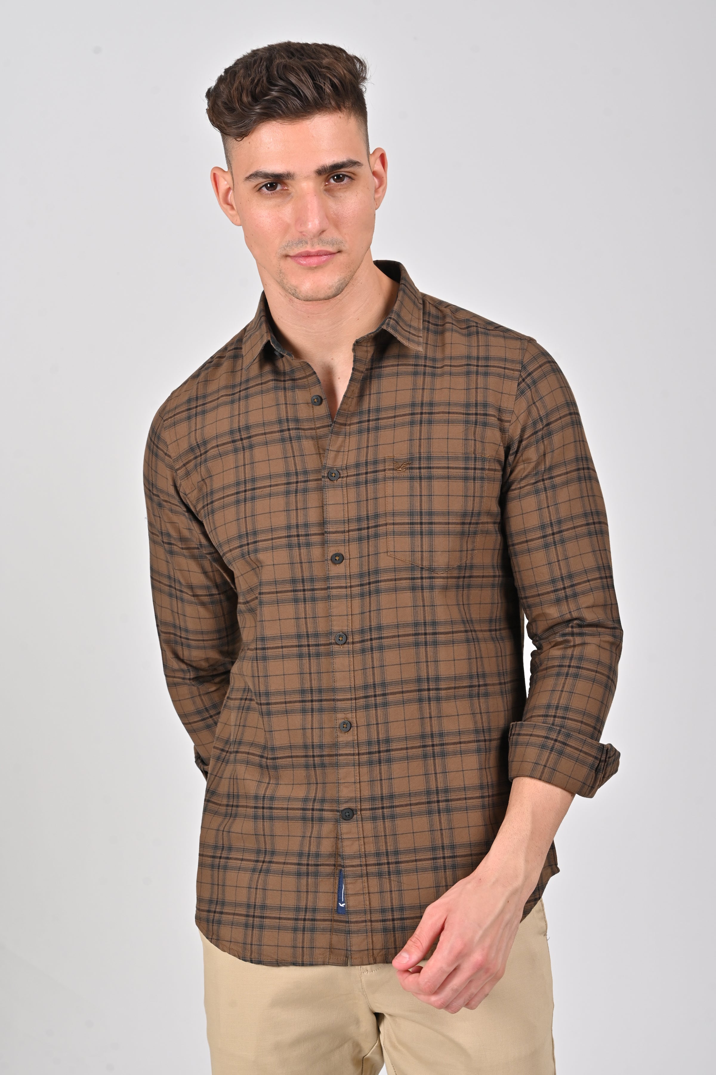 Dark Brown Premium Cotton Check Shirt | Pine Green Premium Cotton Checks Shirt