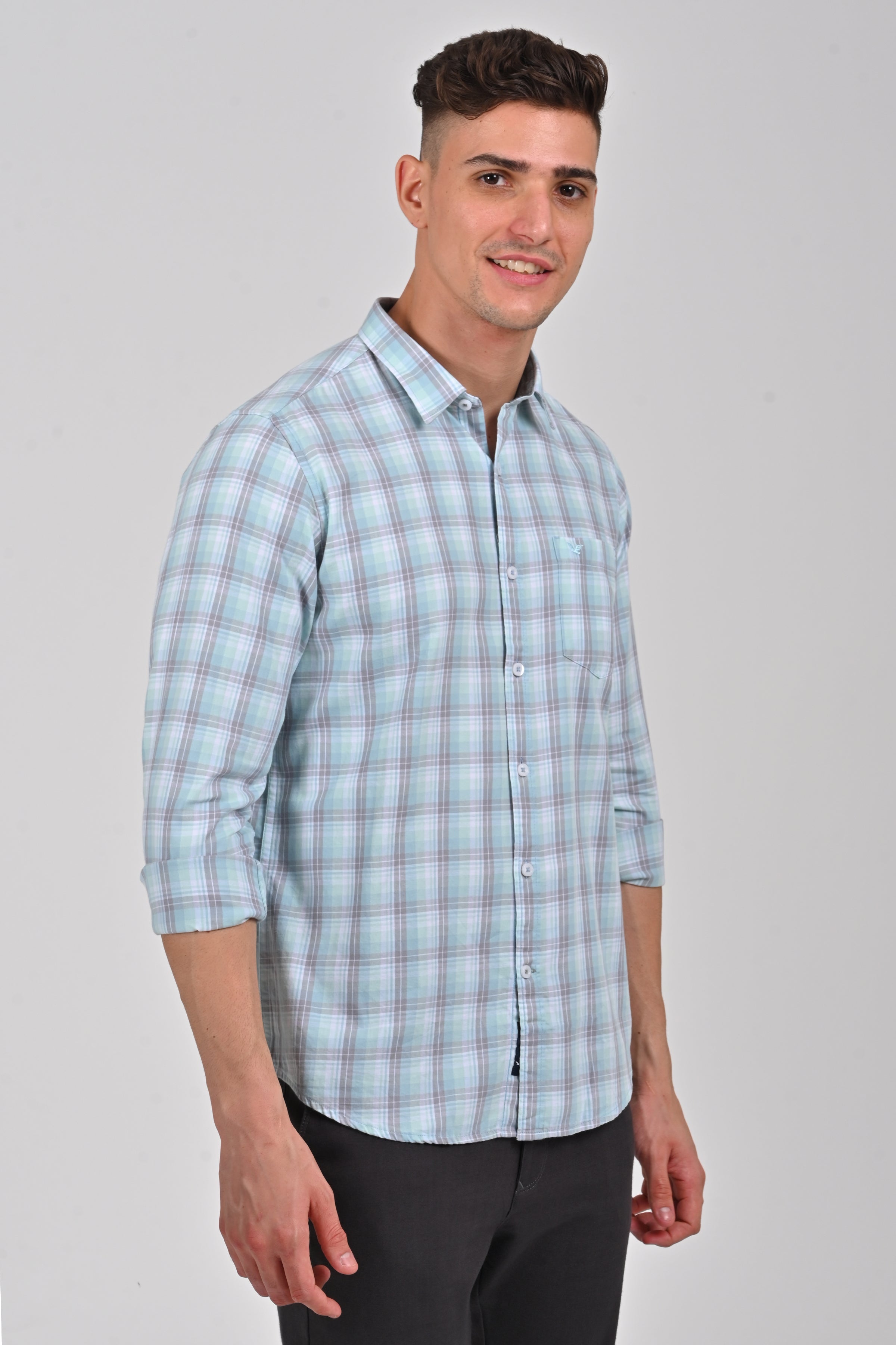 Light Beige Premium Cotton Checks Shirt | Ice Blue Premium Cotton Checks Shirt