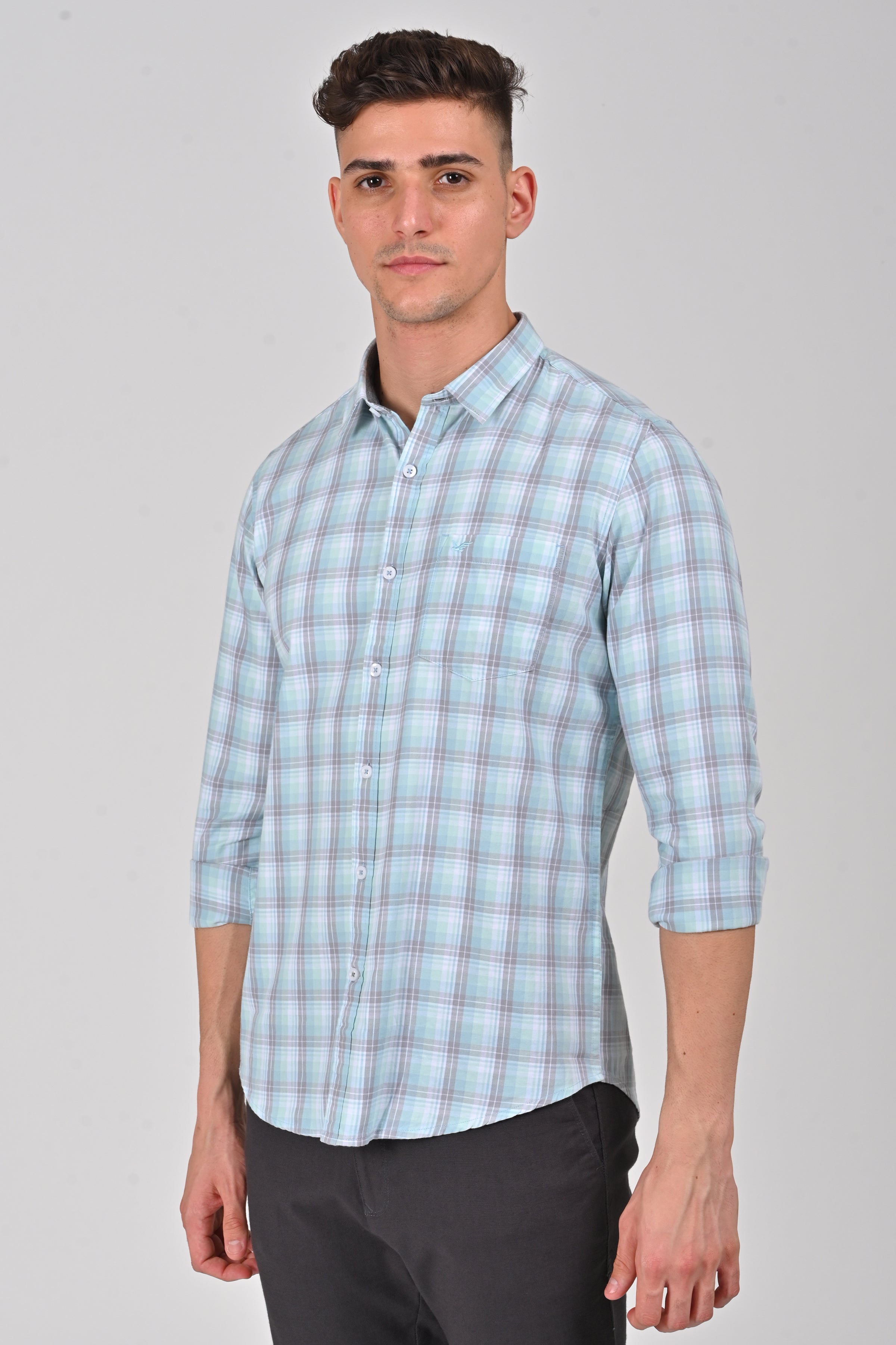 Light Beige Premium Cotton Checks Shirt | Ice Blue Premium Cotton Checks Shirt