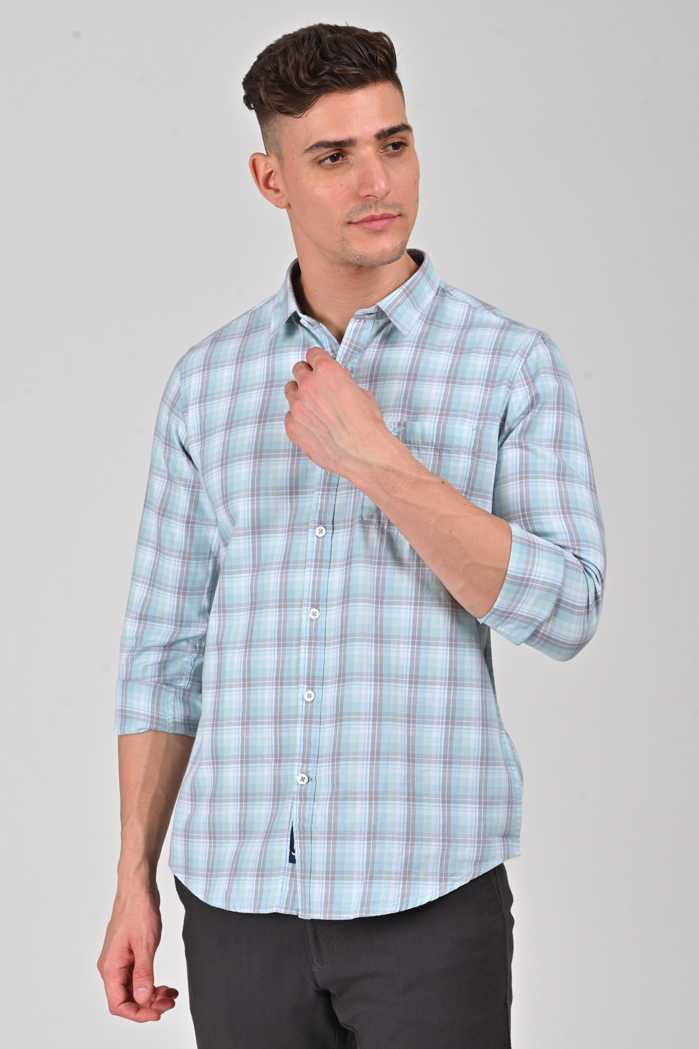 Light Beige Premium Cotton Checks Shirt | Ice Blue Premium Cotton Checks Shirt