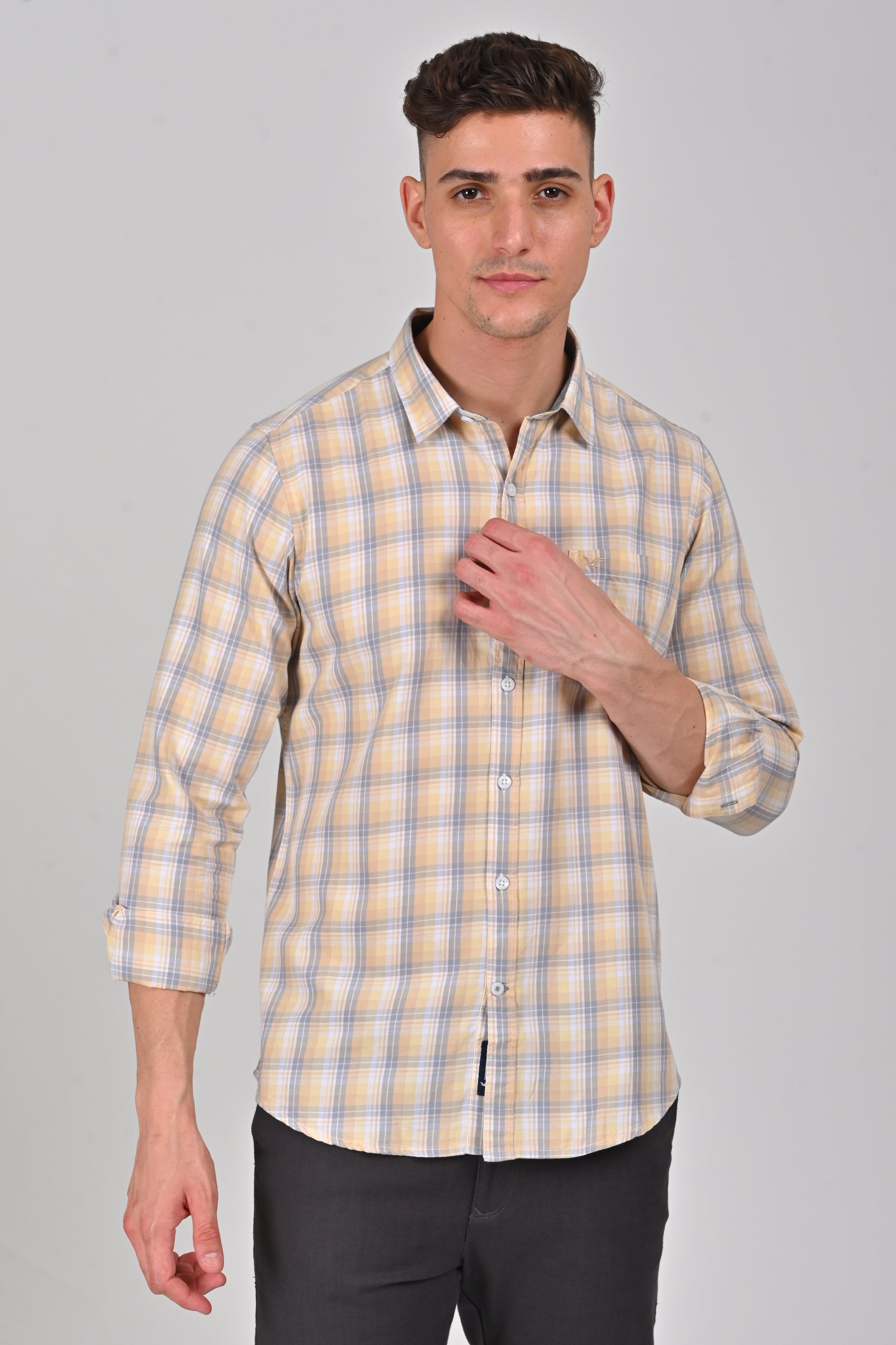 Light Beige Premium Cotton Checks Shirt | Ice Blue Premium Cotton Checks Shirt