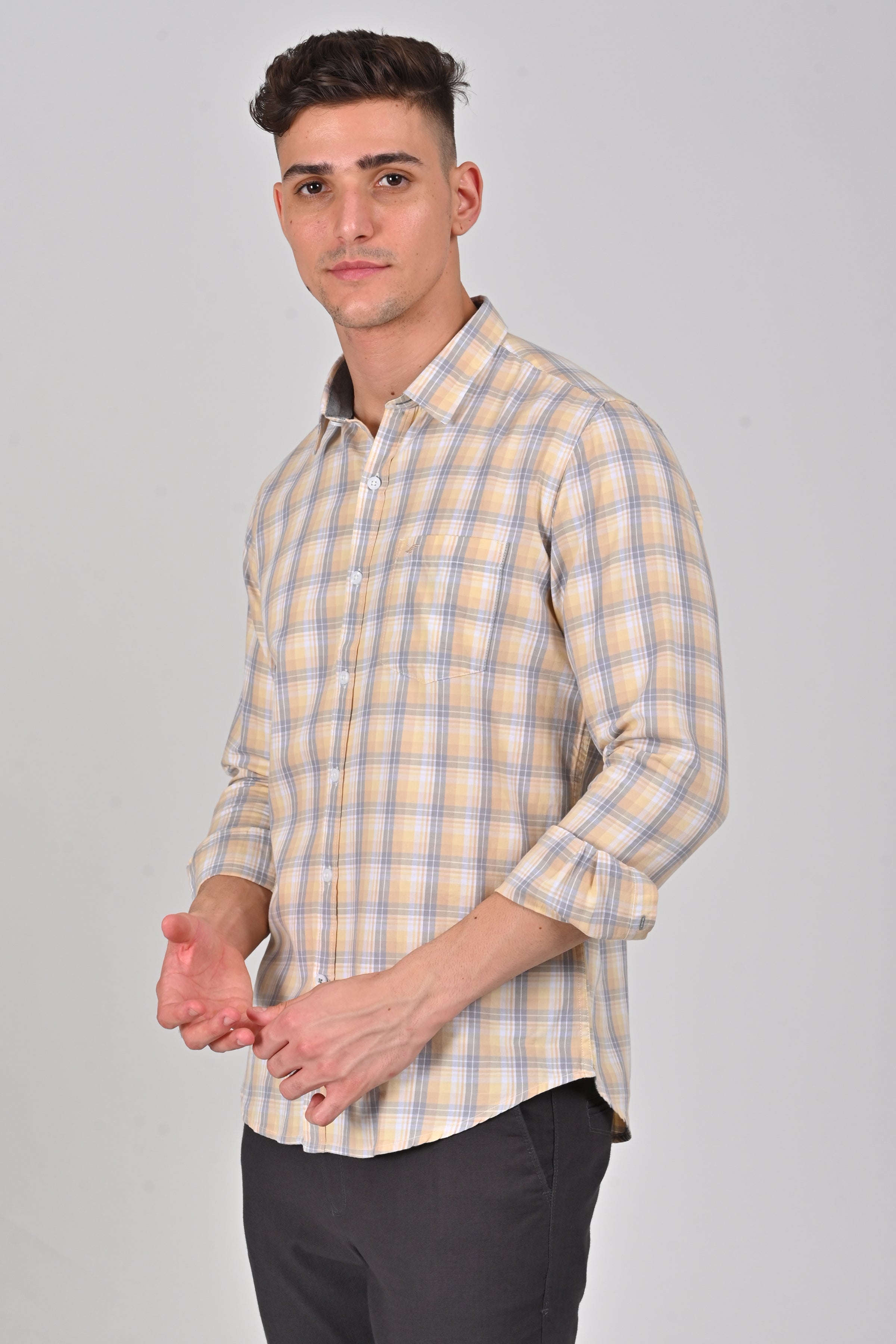 Light Beige Premium Cotton Checks Shirt | Ice Blue Premium Cotton Checks Shirt