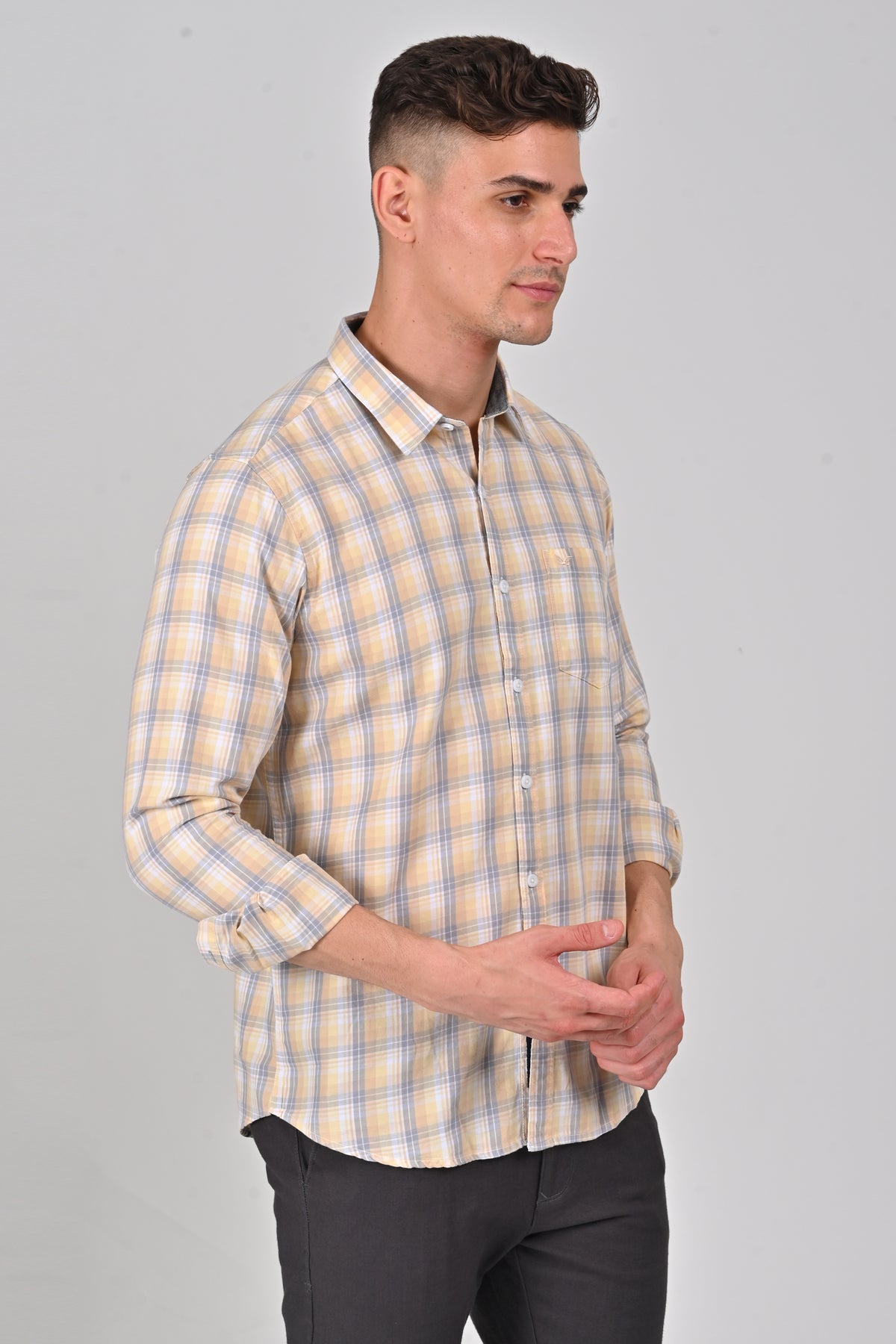 Light Beige Premium Cotton Checks Shirt | Ice Blue Premium Cotton Checks Shirt