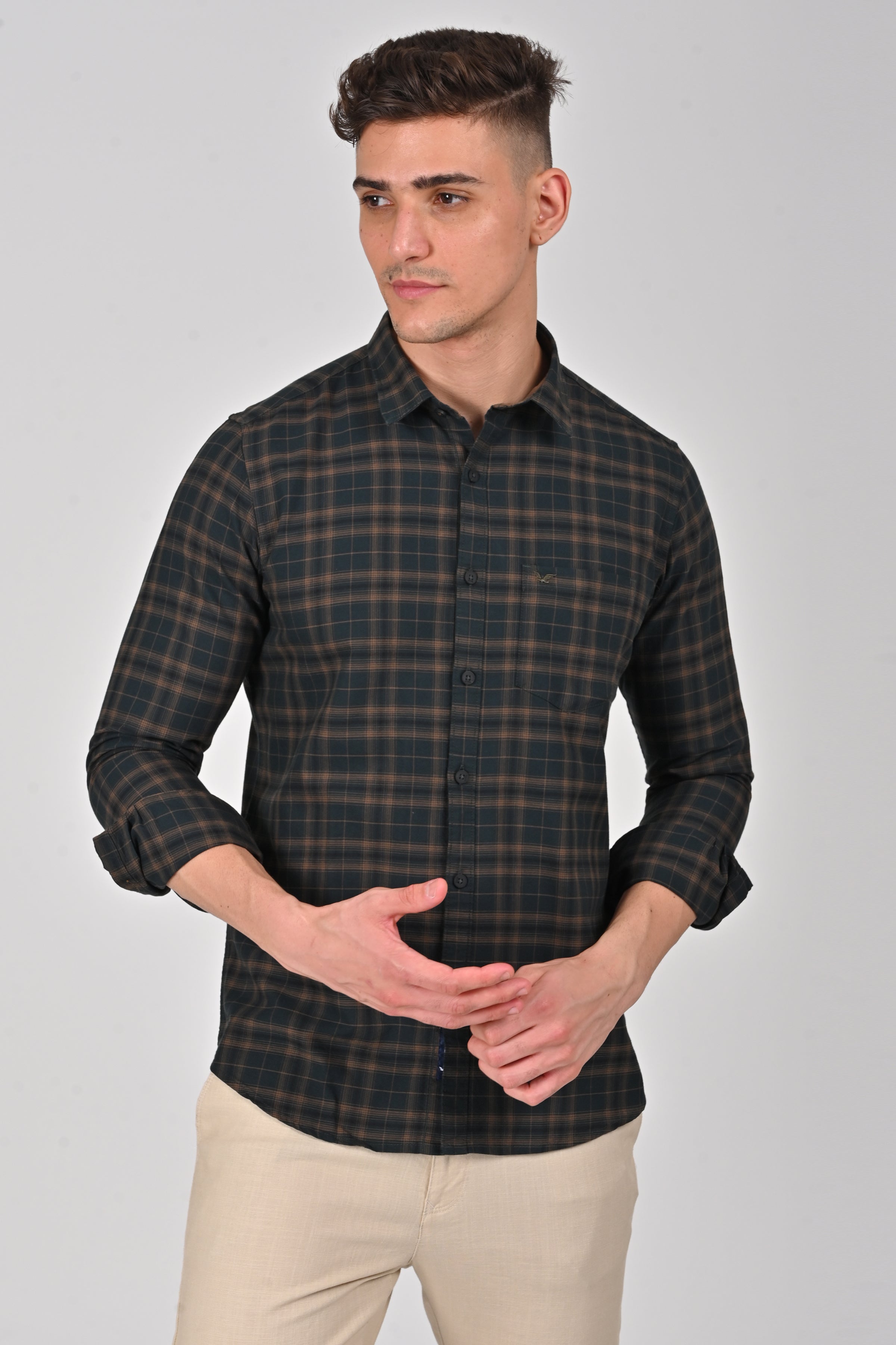 Dark Brown Premium Cotton Check Shirt | Pine Green Premium Cotton Checks Shirt