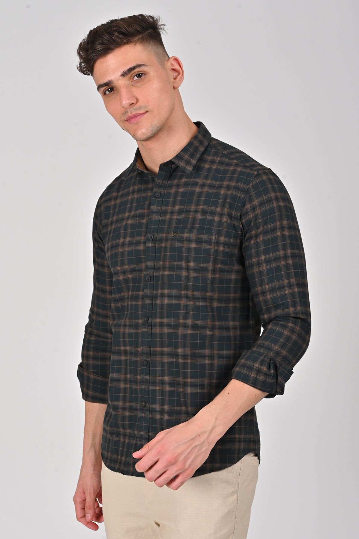 Dark Brown Premium Cotton Check Shirt | Pine Green Premium Cotton Checks Shirt