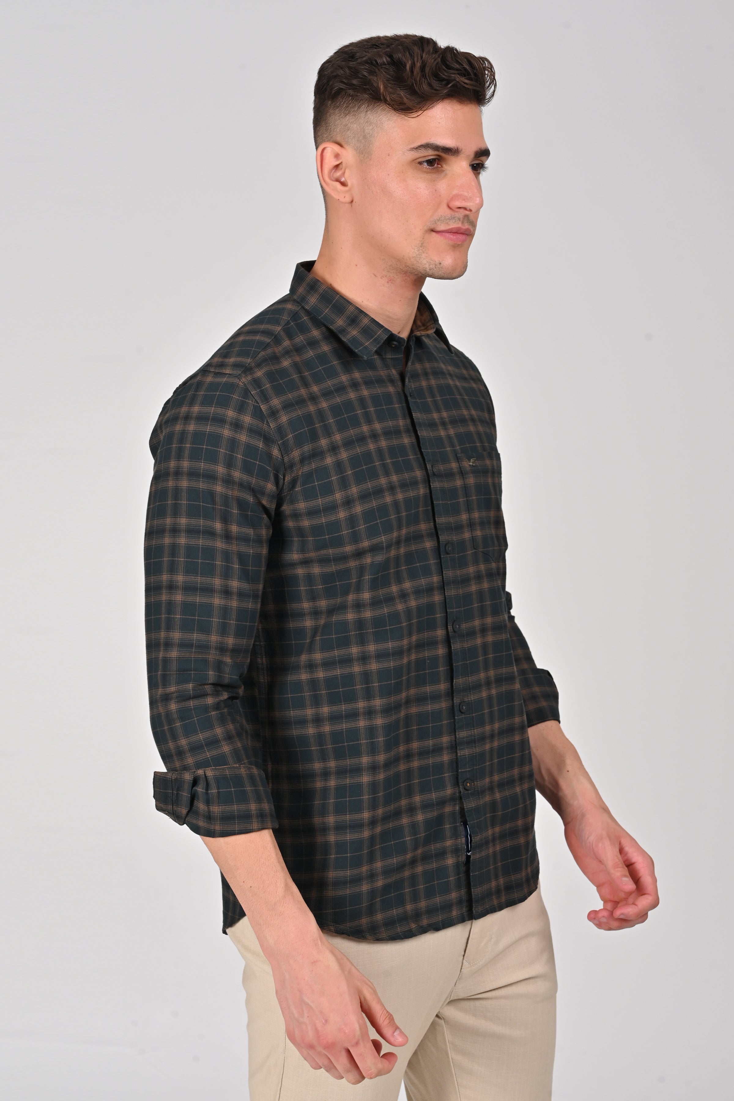 Dark Brown Premium Cotton Check Shirt | Pine Green Premium Cotton Checks Shirt