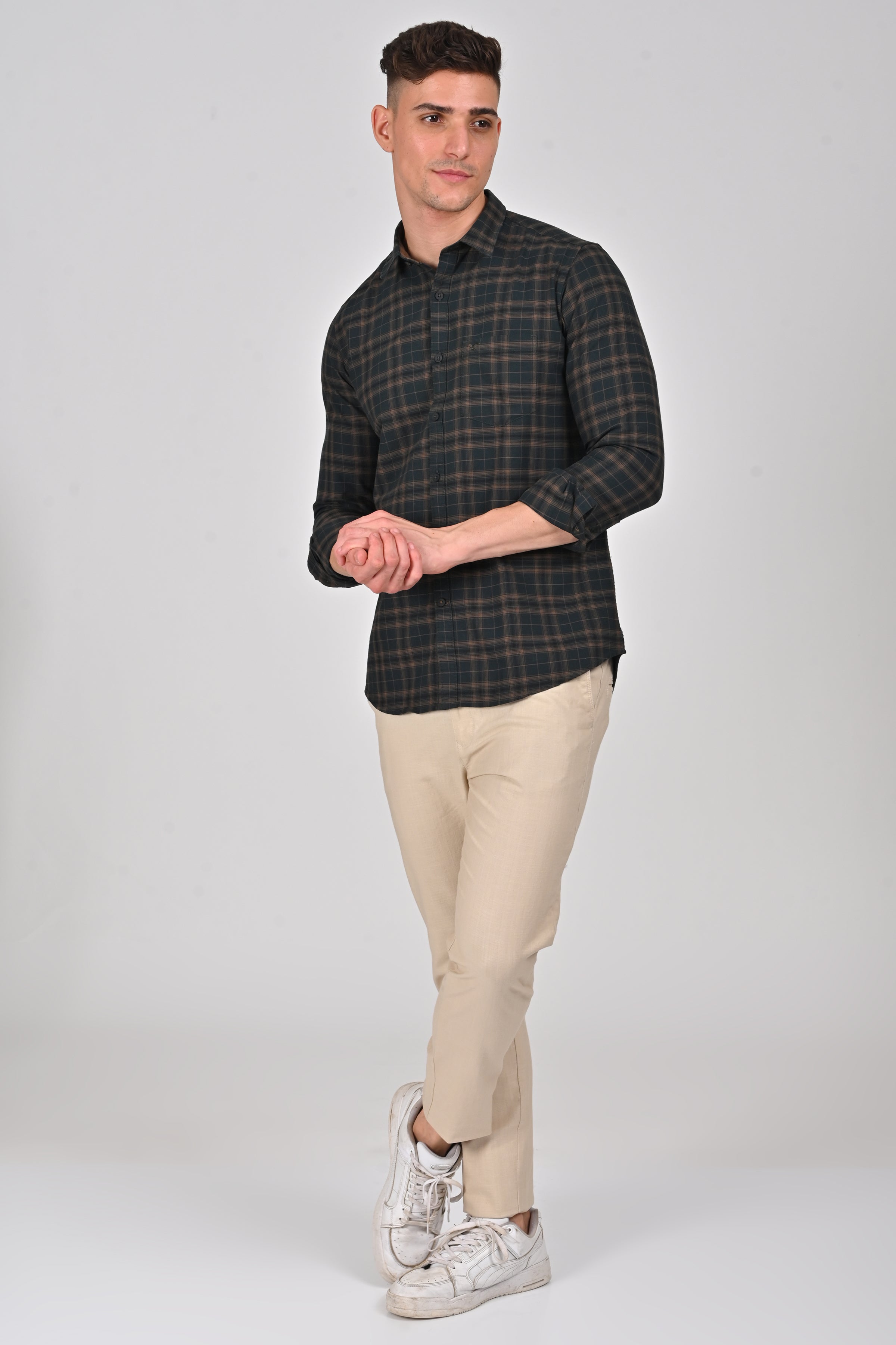 Dark Brown Premium Cotton Check Shirt | Pine Green Premium Cotton Checks Shirt